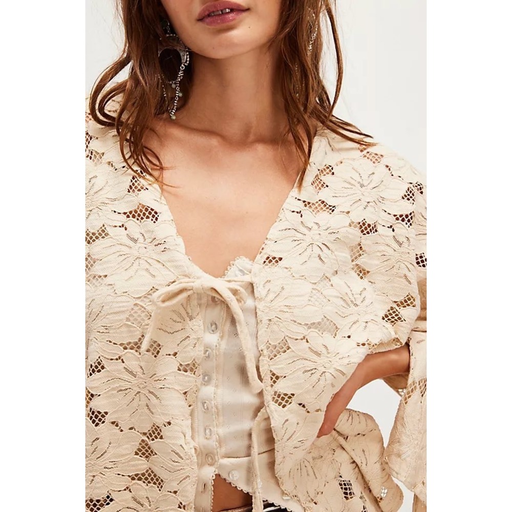 Free People Romona Lace Kimono Ivory Floral Double Tie Front One Size OB1011504